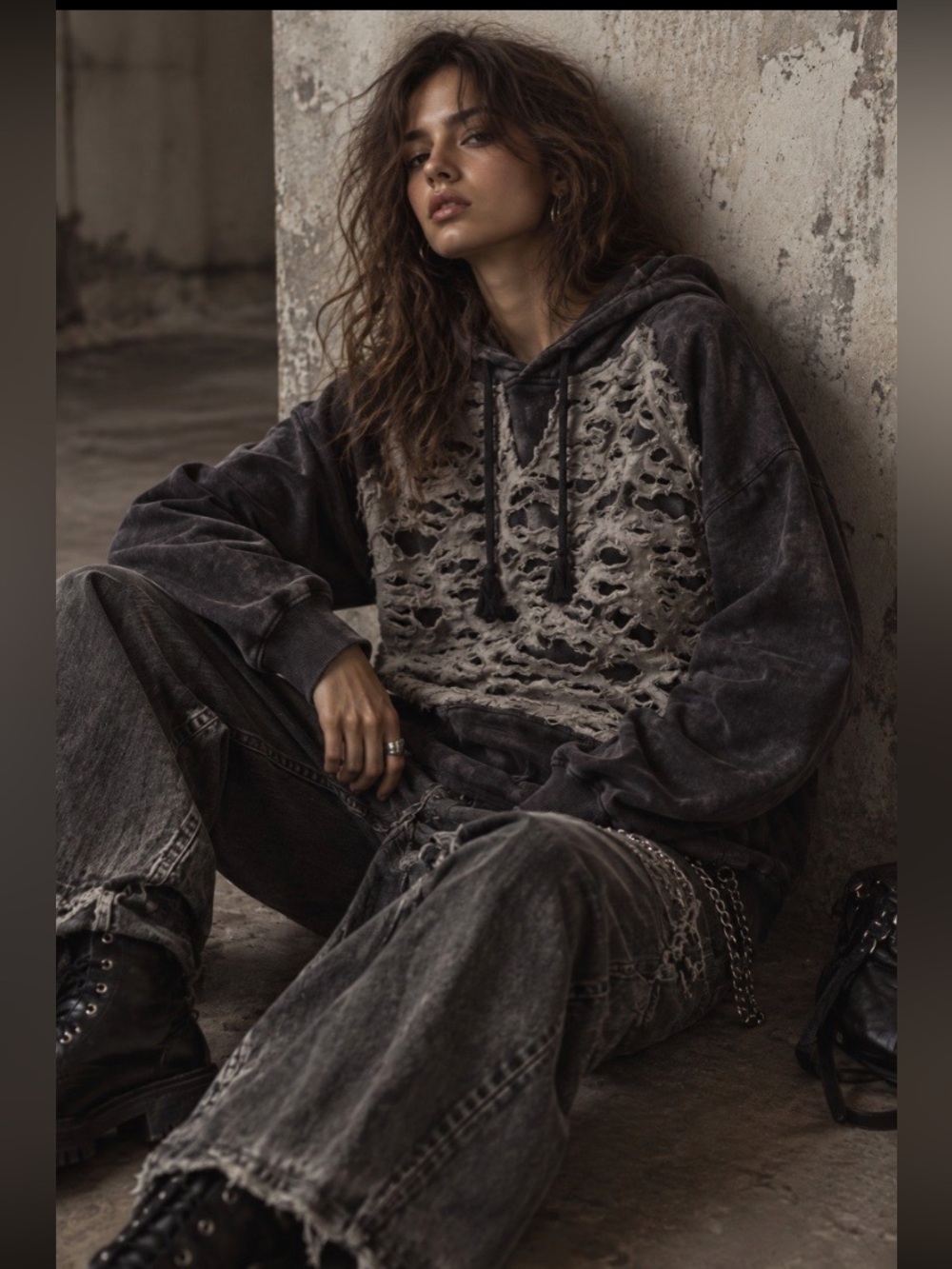 Hand Crafted Distressed Charcoal & Heather Gray Hooded Sweatshirt